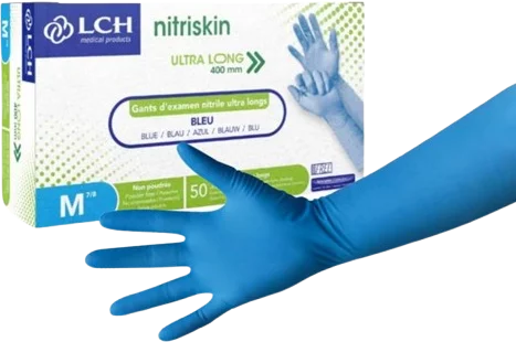 Gants d'examen nitrile Nitriskin bleu non poudré non stérile - manchette extra longue (boîte de 50) 