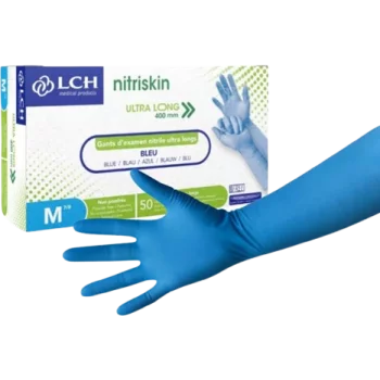 Gants d'examen nitrile Nitriskin bleu non poudré non stérile - manchette extra longue (boîte de 50) 